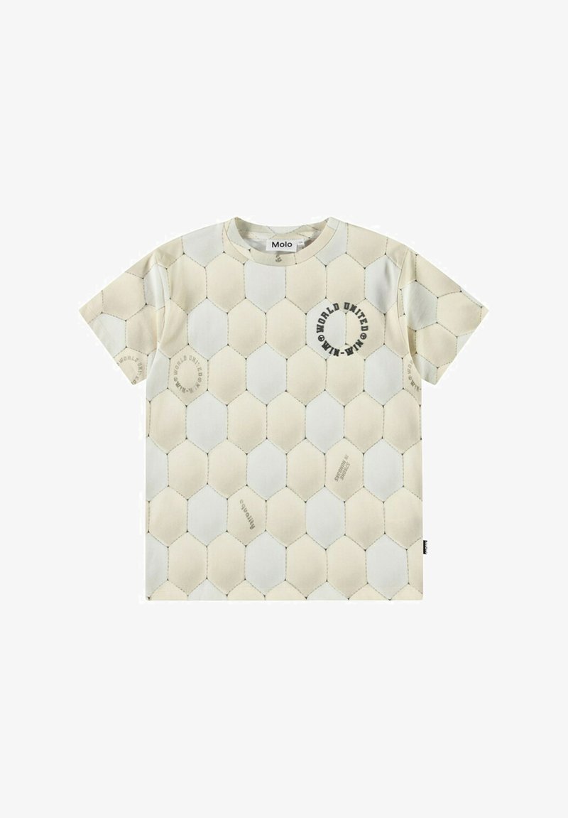 Kortærmet t-shirt i creme med hexagon mønster, der har teksten "WORLD UNITED WIN" og forskellige designelementer hele vejen igennem.