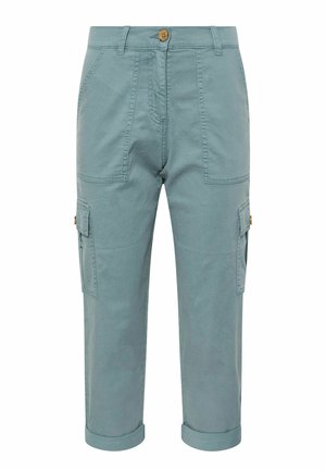 Pantalons cargo bleu clair en tissu mélangé coton, dotés de poches latérales, d'une fermeture à bouton et de poignets retroussés au bas.