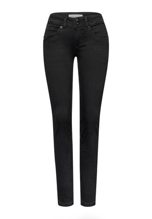 Jeans skinny neri in denim con design a cinque tasche, cerniera e chiusura con bottone. Presentano una texture liscia e dettagli di cuciture sottili.