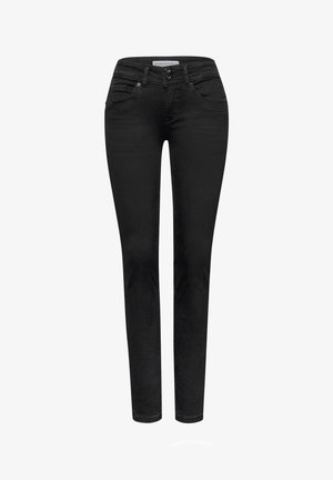 Jeans skinny neri in denim con design a cinque tasche, cerniera e chiusura con bottone. Presentano una texture liscia e dettagli di cuciture sottili.