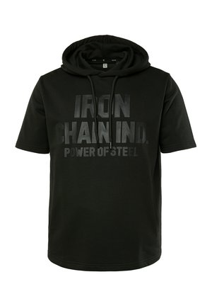 Black short-sleeved hoodie in a smooth fabric, features a drawstring hood and bold text: "IRON CHAIN IND. POWER OF STEEL" in a glossy finish.