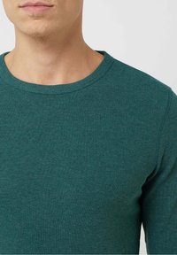Grünes, strukturiertes Langarmshirt mit rundem Ausschnitt. Der Stoff zeichnet sich durch ein feines Rippmuster aus. Die Passform sitzt eng am Körper.