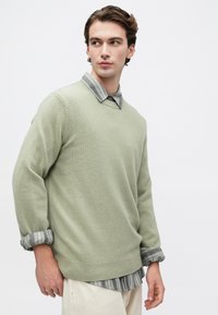 Jovem a olhar de lado, vestindo um suéter verde-claro sobre uma camisa de riscas com as mangas arregaçadas e calças de cor clara, contra um fundo simples.