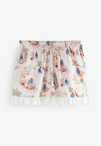Lekko kremowe bawełniane szorty z kolorowym nadrukiem kwiatowym i postaciami, elastycznym pasem i białą koronką z oczkami na dole.