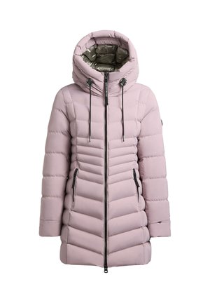 Vadderad, knälång jacka i mjuk rosa med dragkedja fram, justerbar huva och svarta dragkedjefickor, med ett quiltat mönster.
