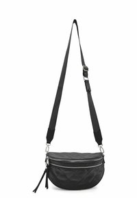 Borsa nera trapuntata con due scomparti con zip, tracolla regolabile e dettagli argentati. Finitura testurizzata che ne valorizza l'aspetto visivo.