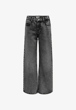 Široke kavbojke iz izbledenega črnega denima z pikčasto vzorcem, ki imajo pet žepov in zapiranje z gumbom na pasu.