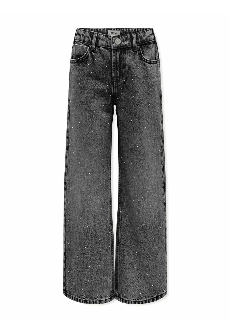 Szerokie dżinsy w spranym czarnym denimu z nakrapianym wzorem, z pięcioma kieszeniami i zapięciem na guzik w pasie.