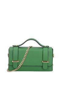 Borsa a mano in finta pelle verde con forma strutturata, manico superiore e dettagli in metallo dorato. Presenta una tracolla a catena staccabile e chiusura a patta.