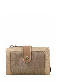 Billetera beige con un exterior de cuero texturizado, un panel impreso suave con palabras y cierre a presión. Incluye un compartimento con cremallera.