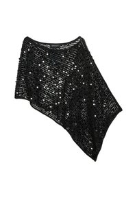 Poncho asymétrique noir en crochet avec des sequins noirs et argentés brillants sur fond blanc.