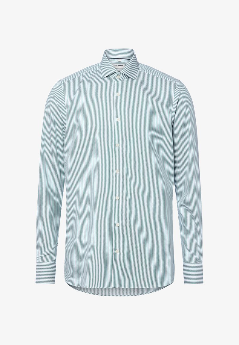 Langarmhemd in hellblau und weißen vertikalen Streifen, mit einem Kragen und Knopfleiste, aus gewebter Baumwollstoff gefertigt.