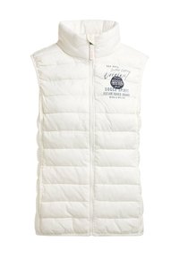 Weißer Puffer-Westen mit hohem Kragen, Frontreißverschluss und horizontal gestepptem Design. Verfügt über Druckbranding auf der linken Seite.