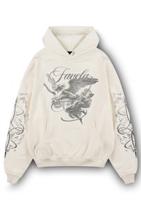 Krémová mikina s kapucňou a prednou grafikou krídlatého figúry a slovom "Favela." Obsahuje kapucňu so sťahovacou šnúrkou a klokanie vrecko. Mäkká textúra látky.