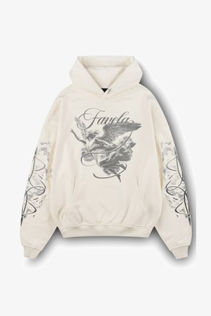 Krémová mikina s kapucňou a prednou grafikou krídlatého figúry a slovom "Favela." Obsahuje kapucňu so sťahovacou šnúrkou a klokanie vrecko. Mäkká textúra látky.