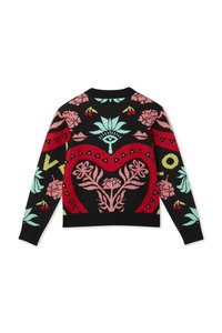 Čierny pletený sveter s farebnými kvetinovými a geometrickými vzormi v červenej, ružovej, zelenej a modrej farbe. Hladký okrúhly výstrih a manžety.