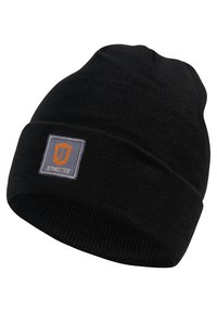 Black knit beanie with a folded cuff, featuring a rectangular patch sewn on the front with the text "JEANSCODE" and an orange emblem.