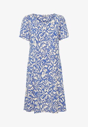 Kleita ar īsām piedurknēm, kas izceļas ar zilo un krēmkrāsas abstraktu rakstu, apaļu kakla izgriezumu un brīvu piegriezumu ar nedaudz paplatinātu formu.