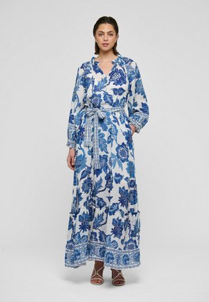 Lange maxi-jurk met blauwe en witte bloemenprint, V-hals, ceintuur in de taille, lange mouwen en kanten details aan de manchetten en zoom.