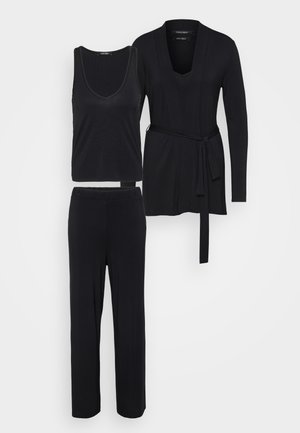 Black three-piece loungewear set comprising a sleeveless top, long pants, and a wrap cardigan with tie closure, all in a soft, smooth fabric.
