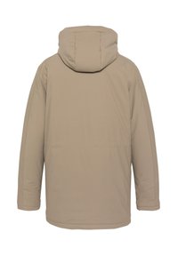 Chaqueta aislante beige con capucha, que presenta una textura suave y un corte recto. Vista trasera que muestra un diseño simple sin acentos visibles.