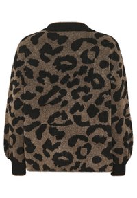 Cardigan con stampa leopardata in maglia marrone e nera, caratterizzato da un tessuto testurizzato, vestibilità rilassata e polsini e scollo a costine.