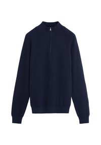 Sudadera de forro polar azul marino con un alto cuello y una cremallera de un cuarto, que cuenta con mangas largas y un patrón de punto texturizado.