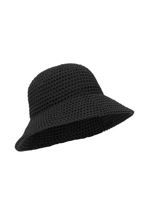Sort hækle-bucket hat med en bred, nedadgående skyggekant og et tekstureret, åbent vævet mønster.