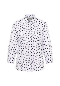 Weißes Hemd mit Knöpfen, das große schwarze Polka-Dots aufweist, lange Ärmel, einen klassischen Kragen und einen geraden Saum hat. Hergestellt aus leichtem Stoff.