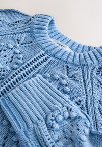 Pull bleu clair tricoté avec des motifs texturés comprenant des nopes, un col en côtes et un poignet de manche, avec une étiquette de marque à l'intérieur du col.