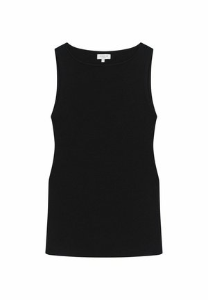 Débardeur noir à côtes avec un col rond et des découpes aux épaules. Le matériau a une texture douce et un design ajusté.