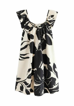 Schwarz-weißes Blumenmusterkleid mit kurzen Rüschensäumen, gerafftem Ausschnitt und lockerer Passform, aus leichtem Stoff gefertigt.
