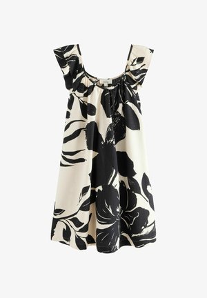 Abito floreale in bianco e nero con maniche corte a volant, scollatura arricciata e taglio loose, realizzato in tessuto leggero.