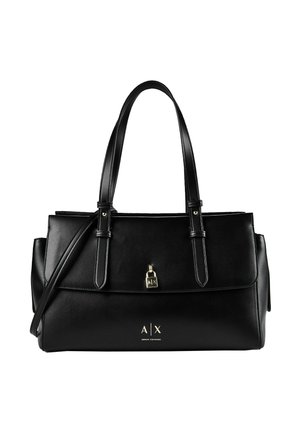 Schwarze Lederhandtasche von Armani Exchange mit zwei Schulterriemen, einem kleinen vorderen Schloss und dem in Gold geprägten A|X-Logo auf der Vorderseite.