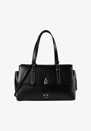 Schwarze Lederhandtasche von Armani Exchange mit zwei Schulterriemen, einem kleinen vorderen Schloss und dem in Gold geprägten A|X-Logo auf der Vorderseite.