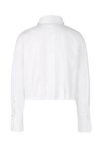White cropped shirt with a back pleat, long sleeves, and buttoned cuffs. Smooth texture, classic collar design, and minimalistic detailing.