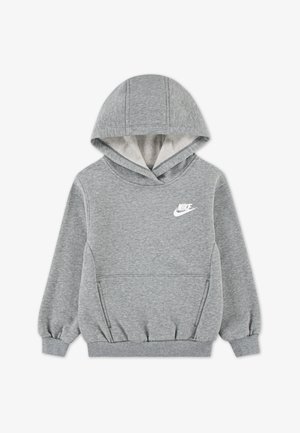 Sudadera gris de felpa con bolsillos tipo canguro, puños y dobladillo acanalados, y un logo blanco de Nike en el pecho.