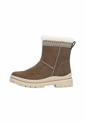 Stivaletto in suede marrone con risvolto in pelliccia sintetica bianca, cuciture decorative e una spessa suola in gomma chiara con profilo profondo.