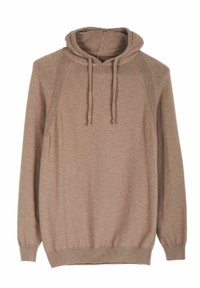 Felpa marrone con cappuccio, dotata di cordini, colletto e polsini a costine, morbido al tatto, maniche lunghe e vestibilità rilassata.