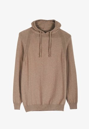 Felpa marrone con cappuccio, dotata di cordini, colletto e polsini a costine, morbido al tatto, maniche lunghe e vestibilità rilassata.
