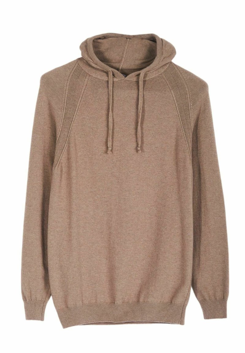 Felpa marrone con cappuccio, dotata di cordini, colletto e polsini a costine, morbido al tatto, maniche lunghe e vestibilità rilassata.