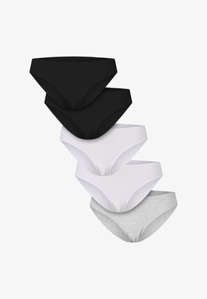 Pięć par krótkich majtek: dwie czarne, dwie białe, jedna szara. Gładki materiał, brak szwów, klasyczny krój, prosty design bez wzorów.