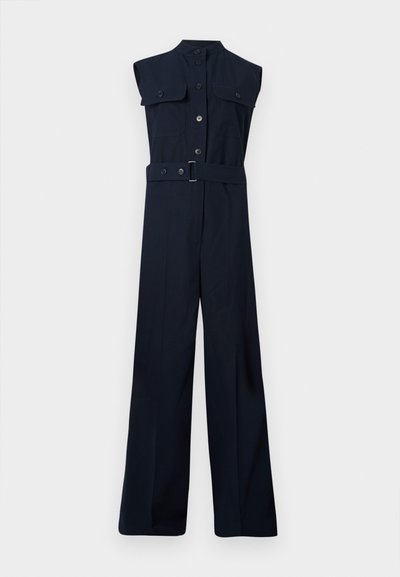 Navy blue sleeveless jumpsuit with a collared neck, two chest pockets, a belted waist, and wide-leg design. Smooth fabric texture.