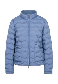 Hellblaue Steppjacke mit durchgehendem Reißverschluss, hochgeschlossenem Kragen und elastischen Bündchen. Mit gestepptem Muster und zwei seitlichen Reißverschlusstaschen.