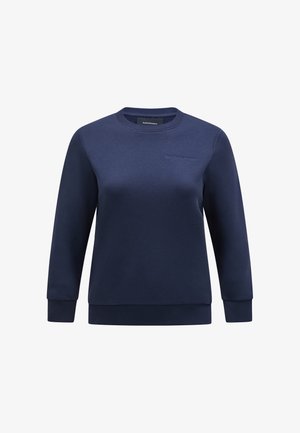 Felpa blu navale in misto cotone, con collo a giro, maniche lunghe, polsini a coste e un sottile dettaglio del logo sul petto.