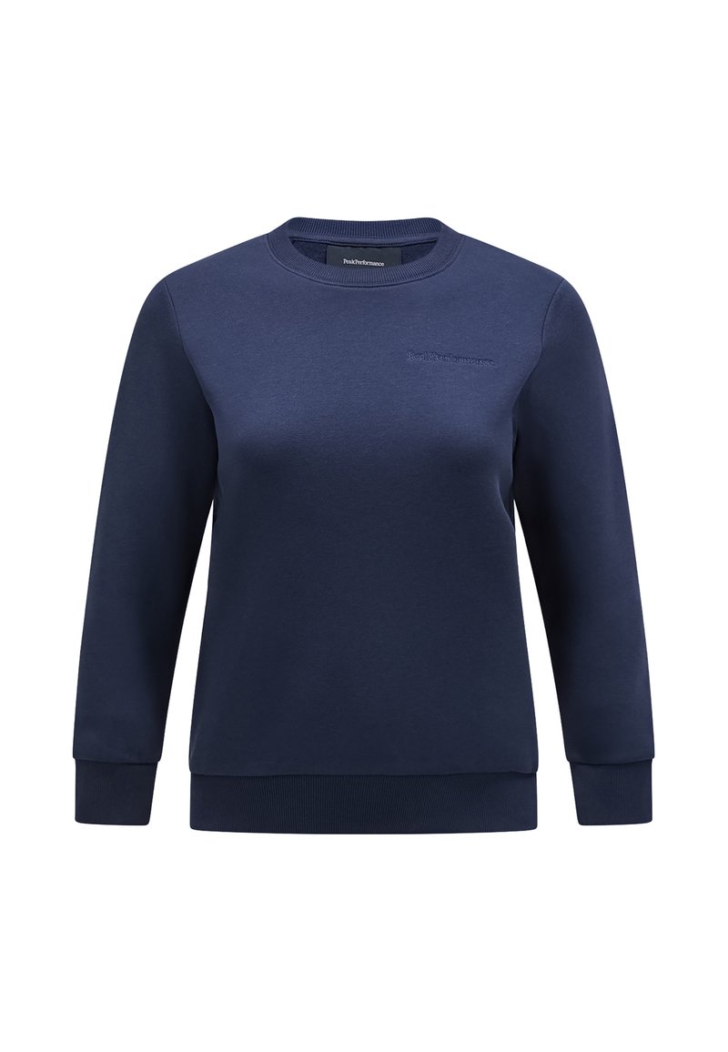 Felpa blu navale in misto cotone, con collo a giro, maniche lunghe, polsini a coste e un sottile dettaglio del logo sul petto.