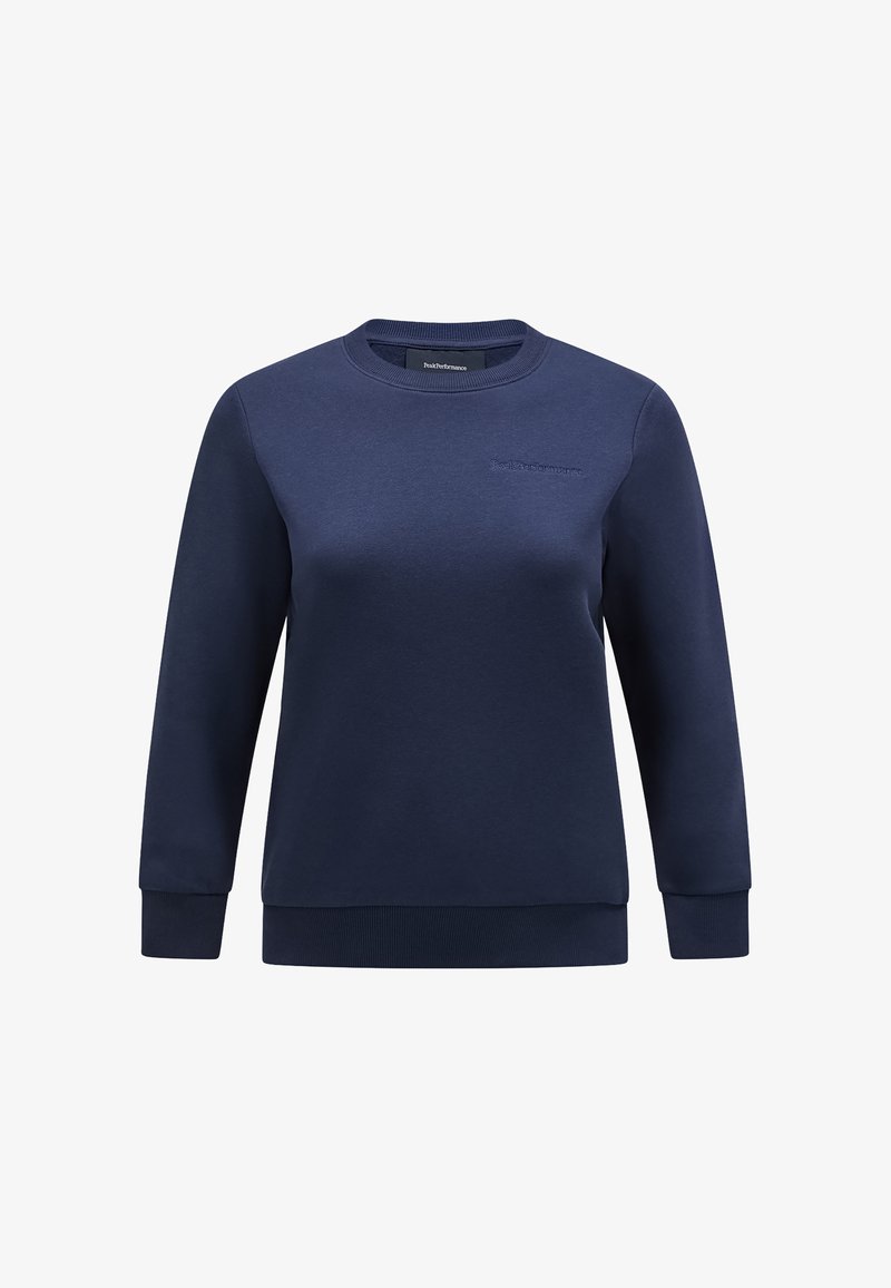 Felpa blu navale in misto cotone, con collo a giro, maniche lunghe, polsini a coste e un sottile dettaglio del logo sul petto.