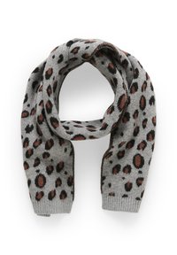 Sciarpa in maglia grigia con stampa leopardata nera e ruggine, con estremità a coste, che presenta una consistenza morbida su tutta la superficie.