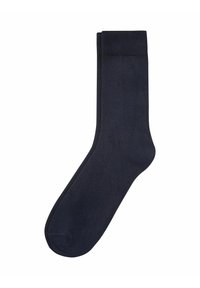 Marine sokker lavet af glat stof, med en ribbet kant og sømløs tå. Designet er klassisk og ensartet i farven med en blød tekstur.