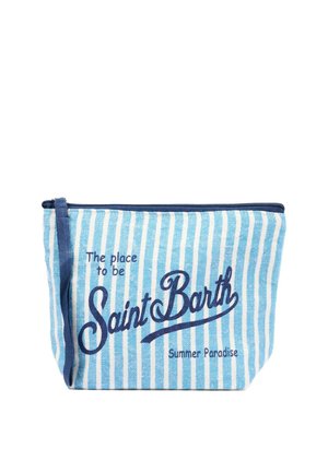 Pochette zippée rayée bleu et blanc avec texte bleu marine "The place to be Saint Barth Summer Paradise" et une boucle de tirette bleue marine.